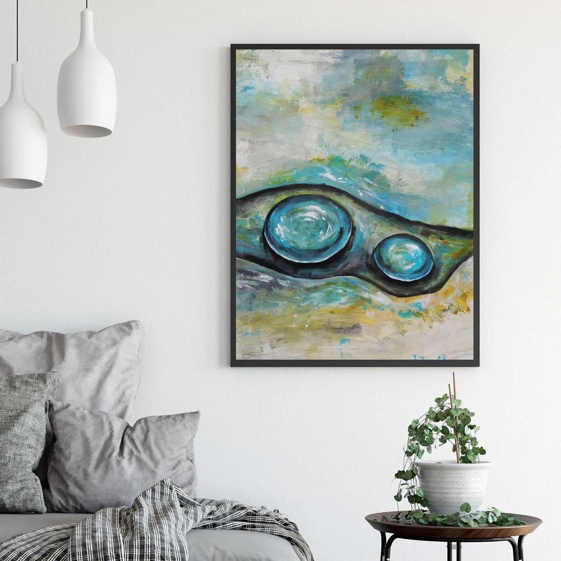 Vertical neutral & blue abstract wall art print