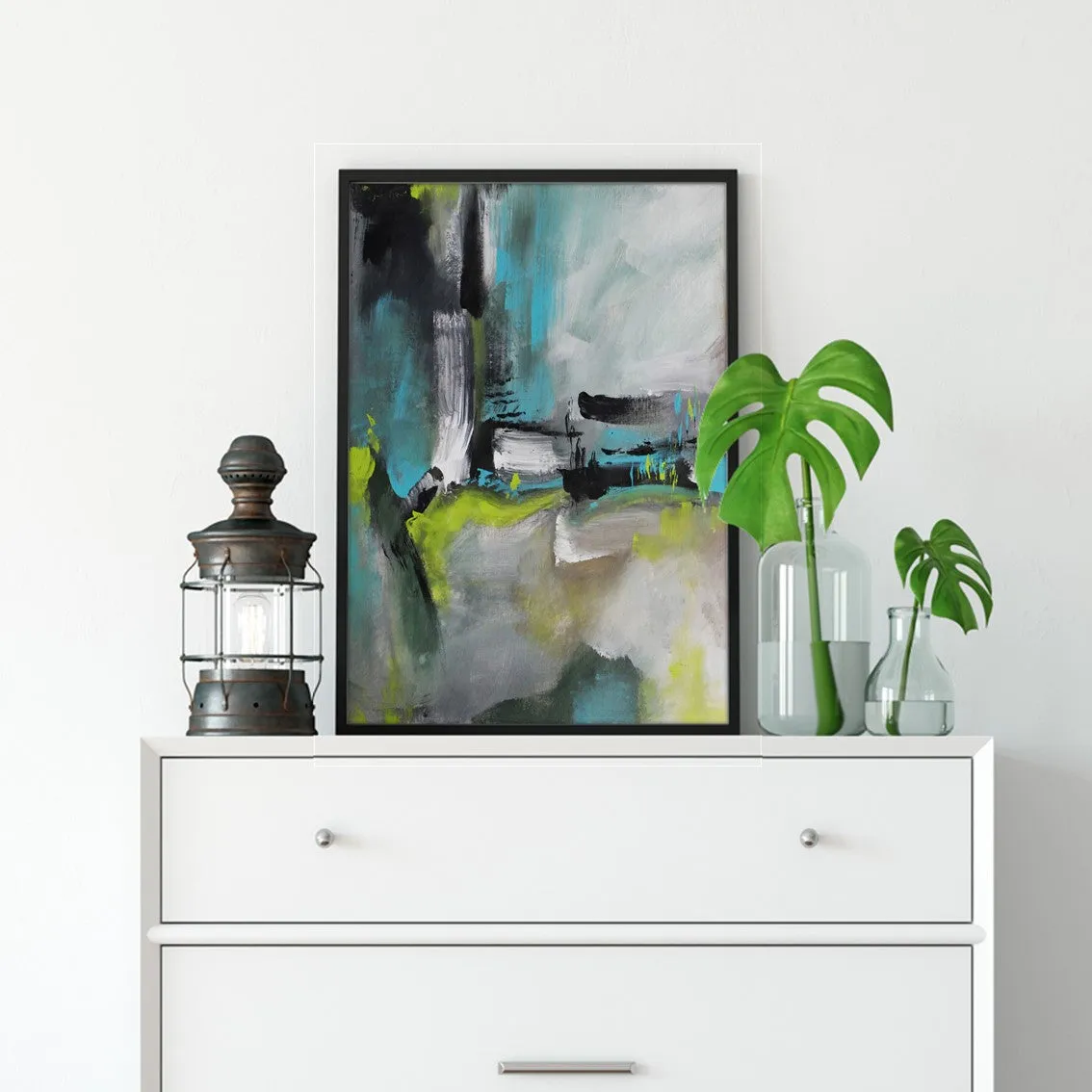Vertical neutral, teal & lime green abstract wall art print