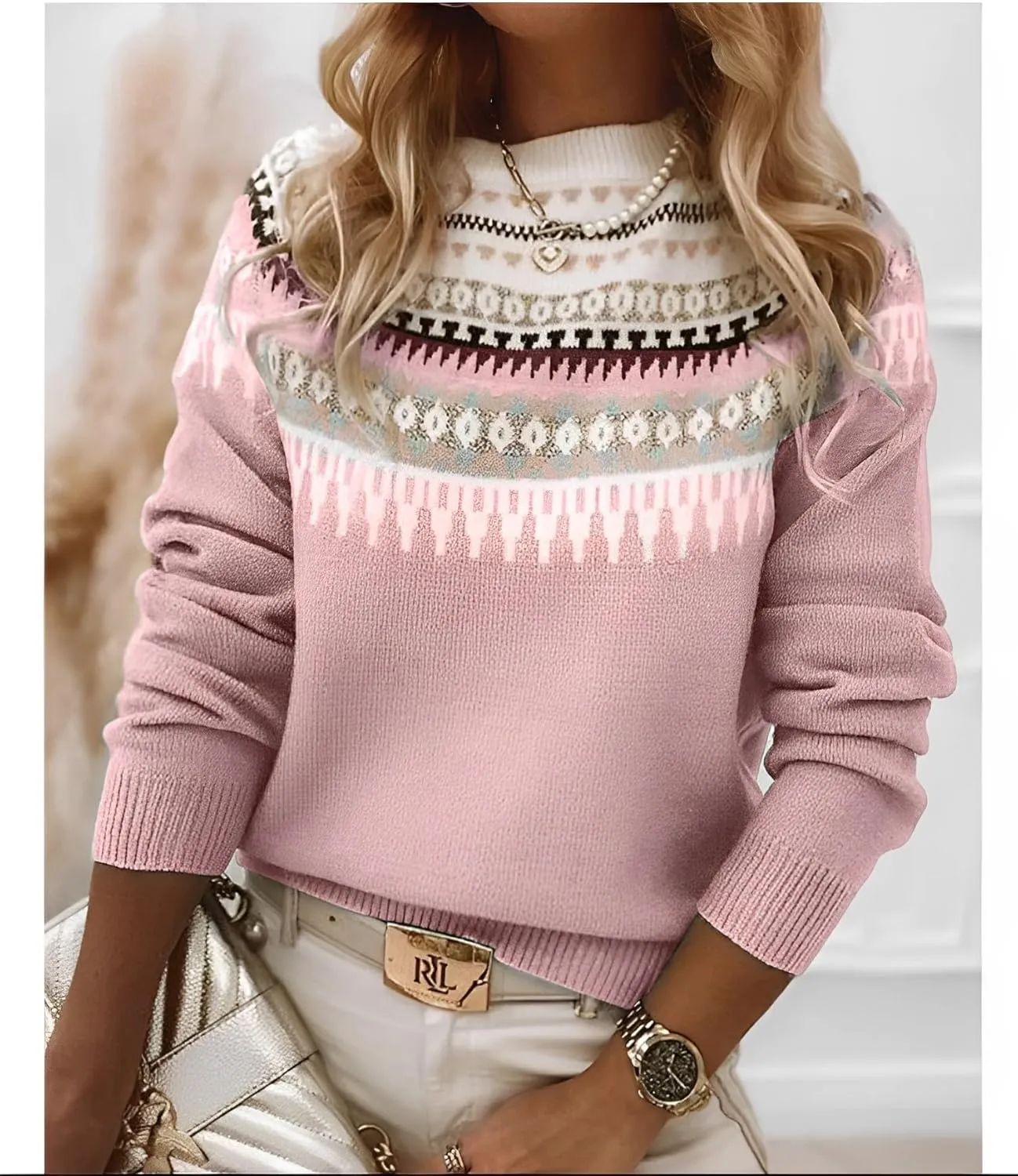 Women's Classic Fair Isle Pattern Knit Sweater 2024 Trendy Casual Loose Crewneck Long Sleeve Lightweight Jumper Tops