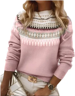 Women's Classic Fair Isle Pattern Knit Sweater 2024 Trendy Casual Loose Crewneck Long Sleeve Lightweight Jumper Tops