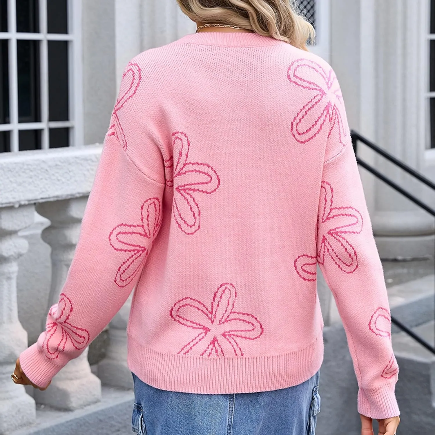 Women's Crewneck Sweater Pullover Soft Oversized Boho Floral Print Long Sleeve Knitted Jumper Tops Fall Fashion 2024