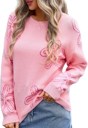 Women's Crewneck Sweater Pullover Soft Oversized Boho Floral Print Long Sleeve Knitted Jumper Tops Fall Fashion 2024