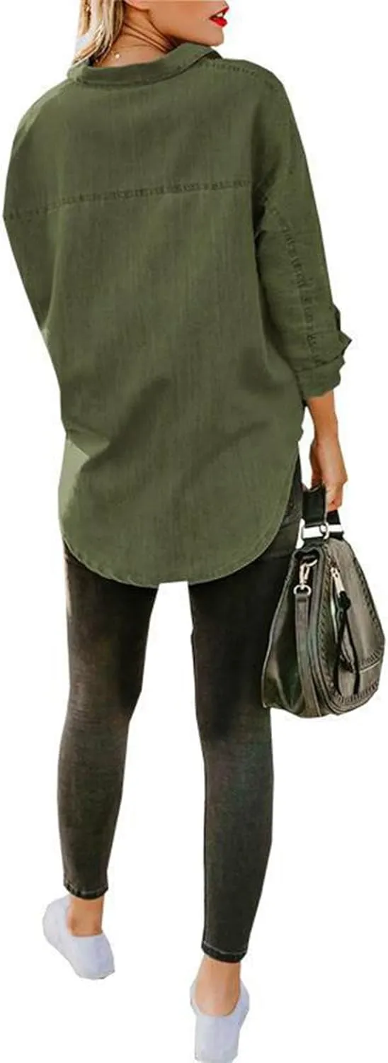 Women's Denim Button Down Shirt Long Sleeve Solid Jean Top Business Casual Blouse for Spring Fall 2025
