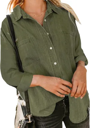Women's Denim Button Down Shirt Long Sleeve Solid Jean Top Business Casual Blouse for Spring Fall 2025