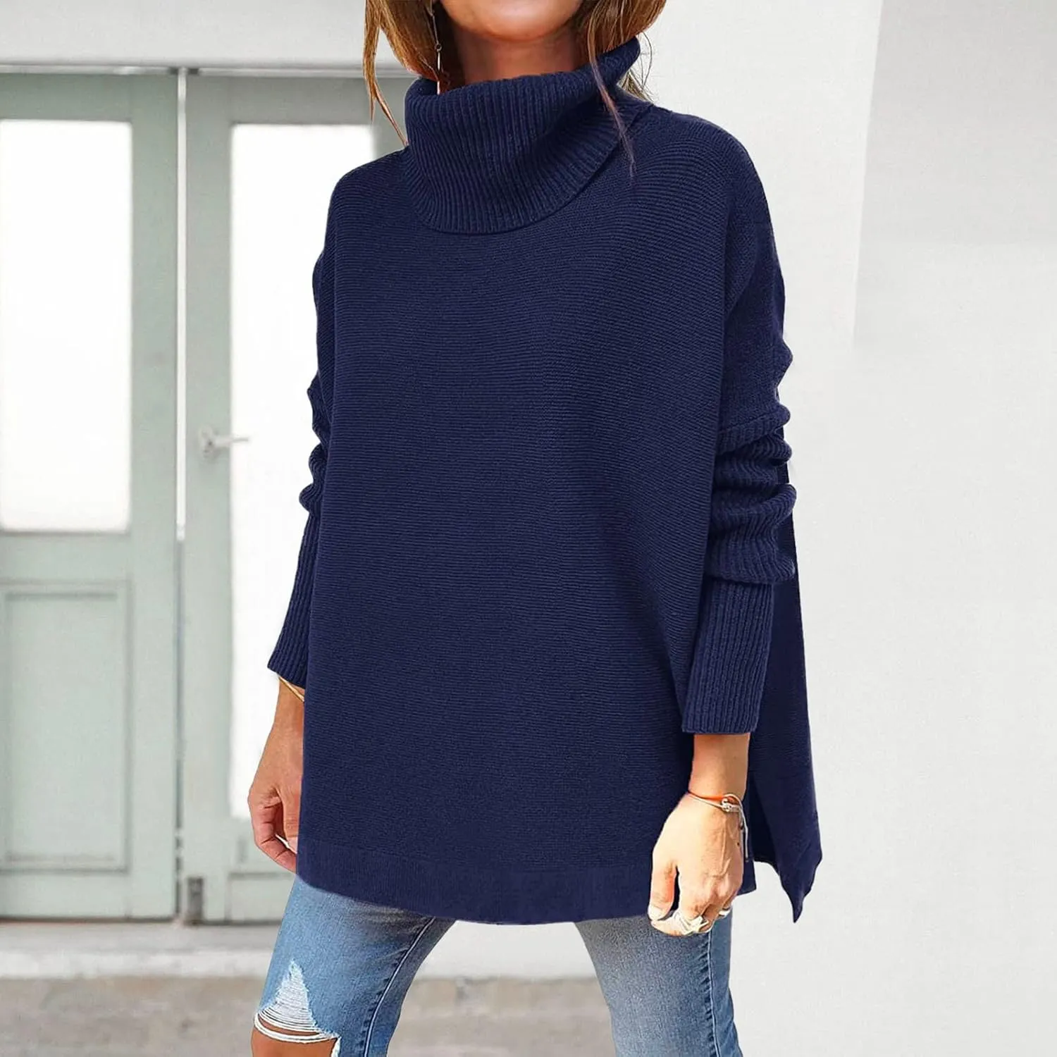Womens Knit Sweater Oversized Turtleneck Sweater Baggy Soft Warm Loose Sweater Long Sleeve Knit Sweaters