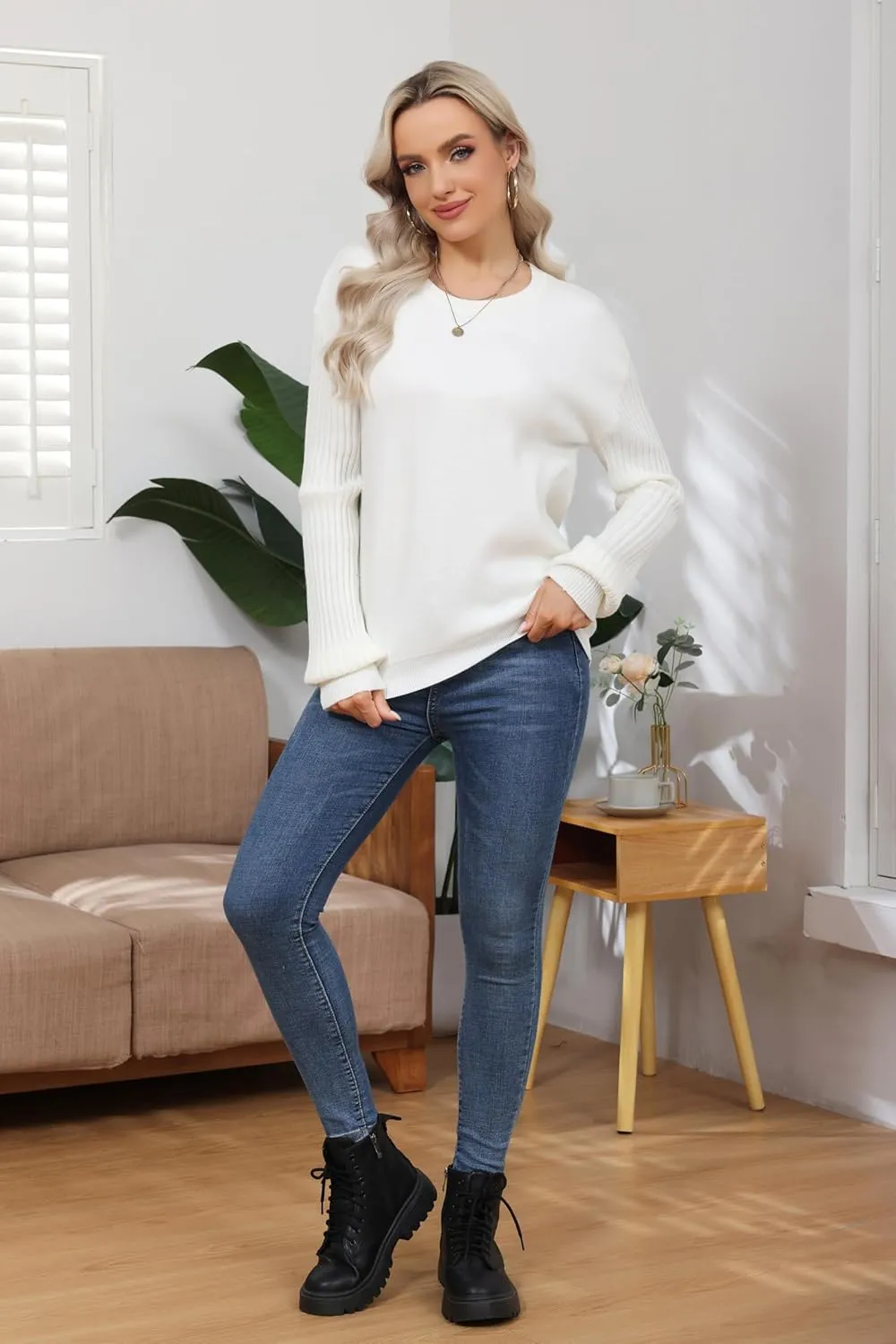 Women's Ribbed Knit Sweater Fall Long Sleeve Sweater Crewneck Loose Soft Casual Oversized Chunky Pullover Tops