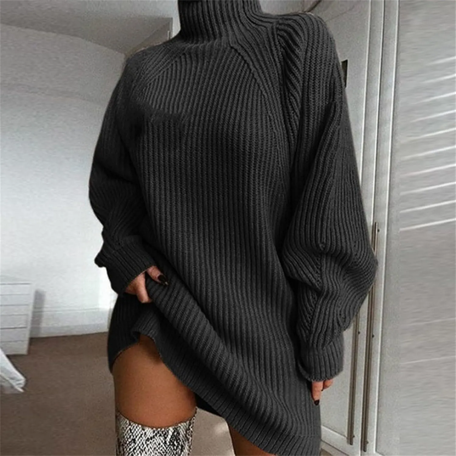 Women's Soft Turtleneck Sweater Sweater Mid Length Dress with Shoulder Sleeves and Half Turtleneck Sweater Womens