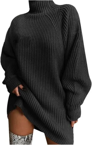 Women's Soft Turtleneck Sweater Sweater Mid Length Dress with Shoulder Sleeves and Half Turtleneck Sweater Womens