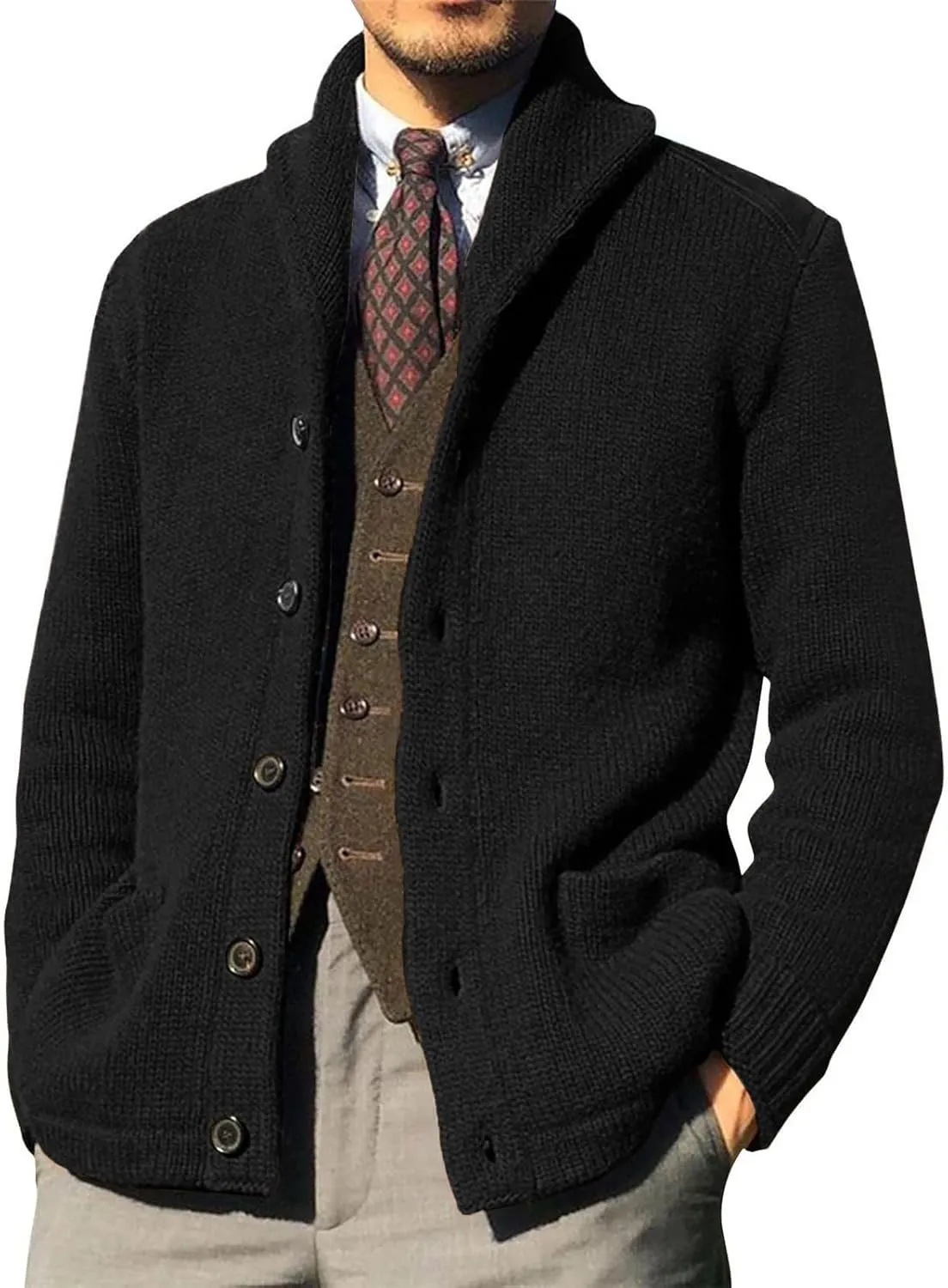 ZWRXW Cardigan Sweater for Mens Button Shawl Collar Cable Knit Top Casual Loose Long Sleeve Chenille Coats with Pockets